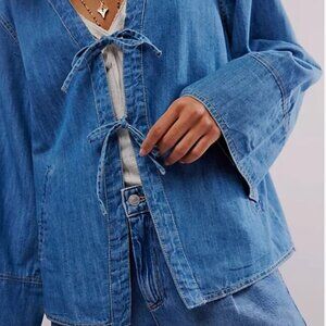 Free People Tie-Front Denim Jacket Dragonfly Wide Long-sleeves Pockets Top XS